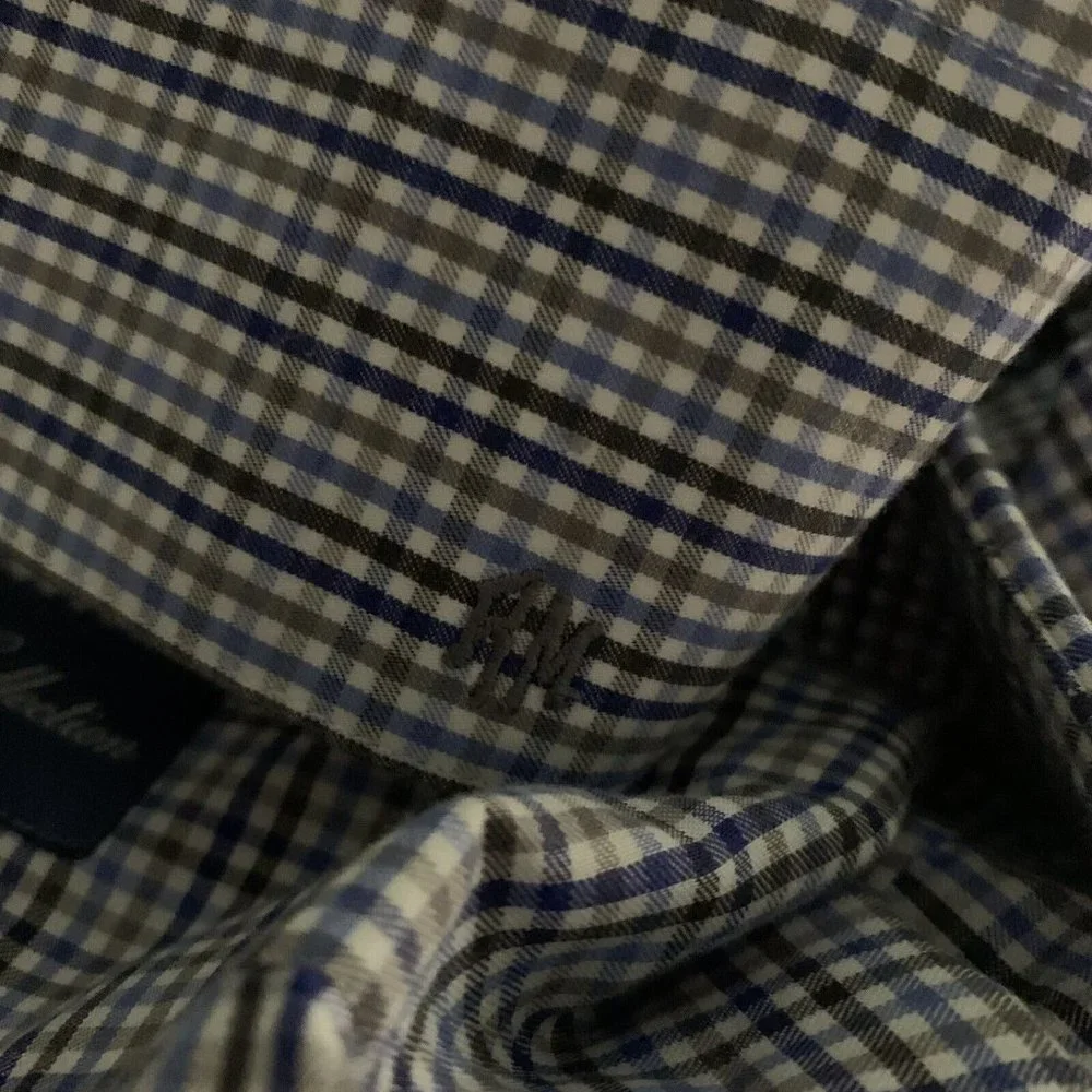 Executive Tom James Men XL Long Sleeve Button Front Shirt Blue Brown Micro Check - Picture 7 of 7